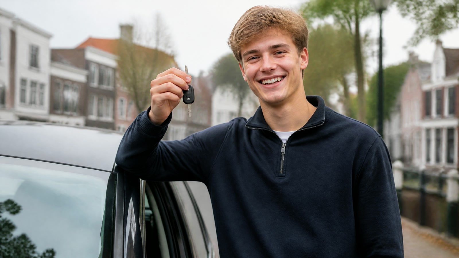 Jonge leerling lacht en houdt de autosleutel omhoog naast een auto